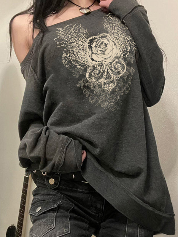 Classic Grey Sweatshirt with Niche Design and Vintage Rose