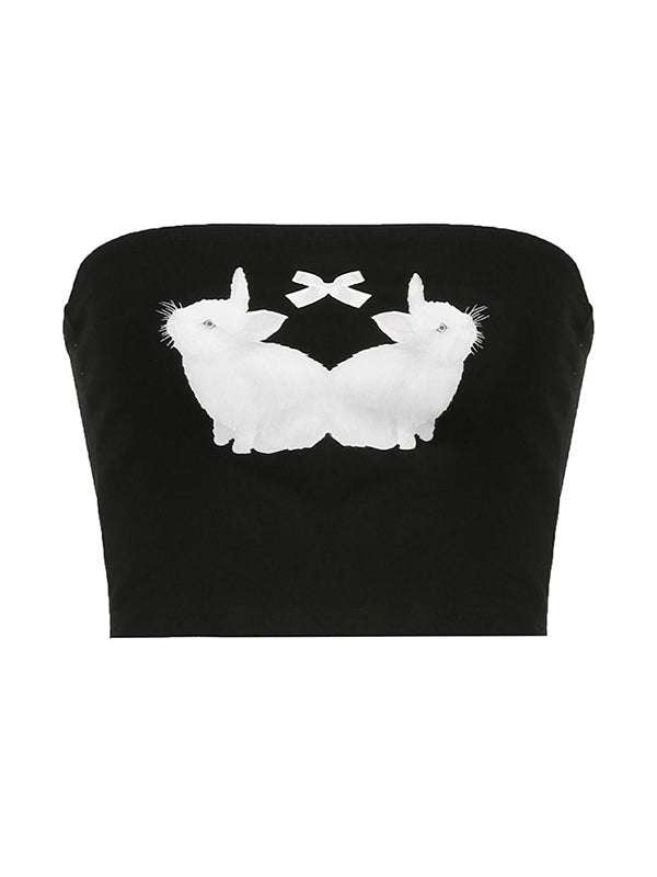 Contrast Y2K bow bandeau top with rabbit print 