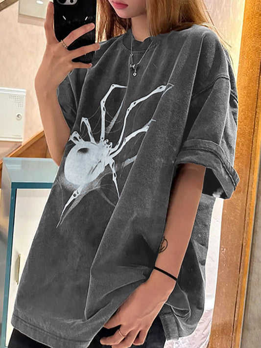 Hip Hop Oversize T-Shirt with Spider Print and Short Sleeves