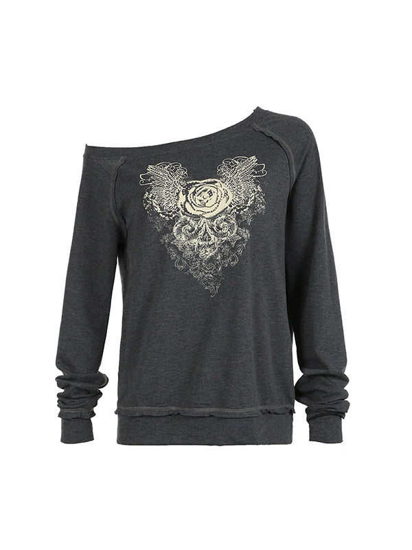 Classic Grey Sweatshirt with Niche Design and Vintage Rose