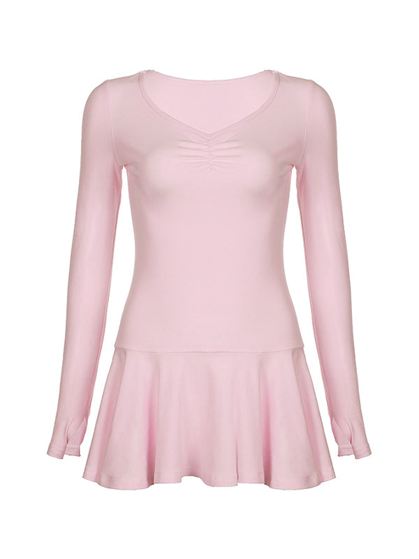 Pink Cute Ruched Ruffle Hem Long Sleeve Slim Mini Dress