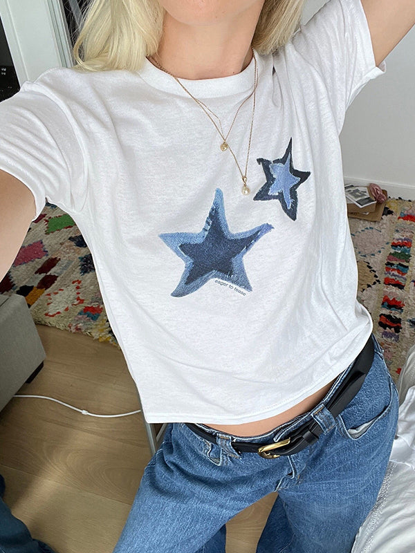 White Y2K star print short sleeve t-shirt