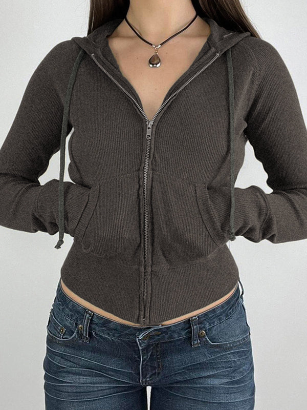 Gray vintage knit top with zipper and hood