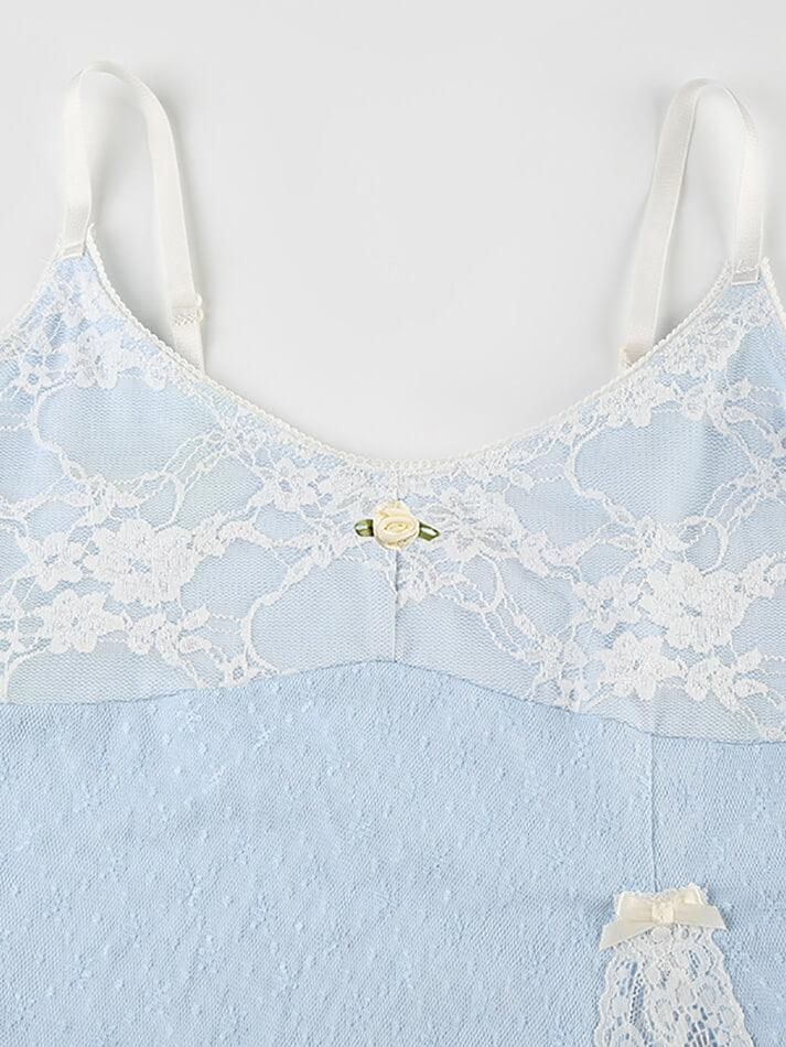 Blue Y2K Lace Splicing Split Cami Top