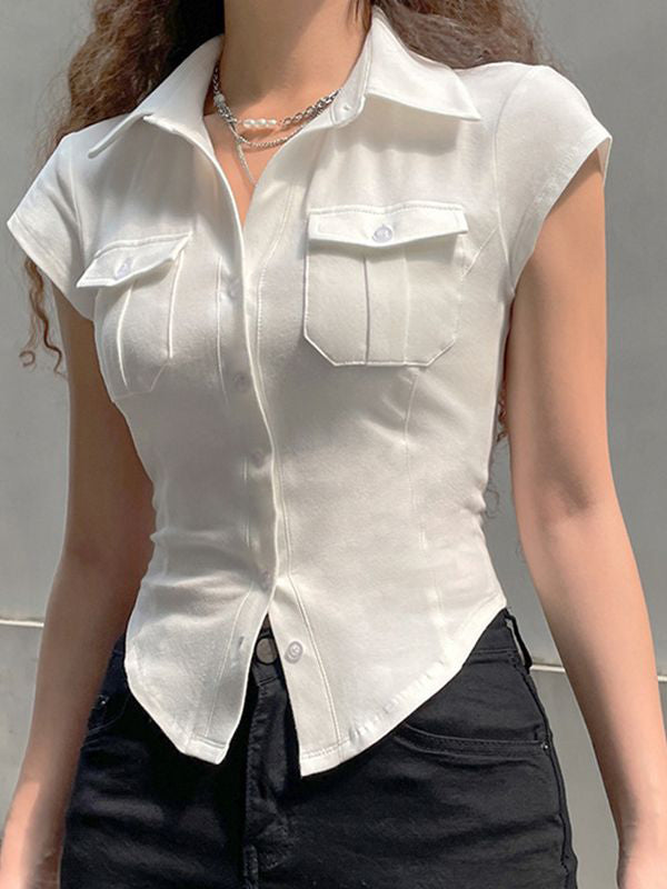 White Y2K blouse with pocket and button placket