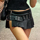 Punk Rivet Belt Pleated Slit Leather Mini Skirt