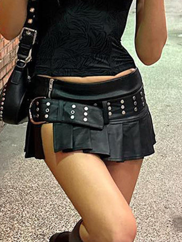 Punk Rivet Belt Pleated Slit Leather Mini Skirt