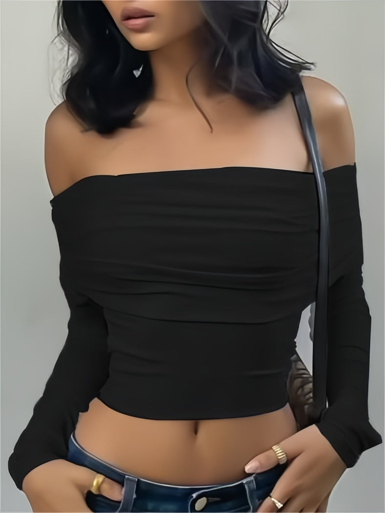 Off-the-shoulder crop top with long sleeves