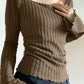 Coffee Vintage Knit Top with Square Neck and Slim Sleeves