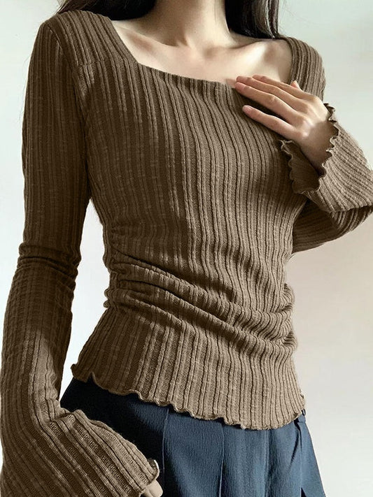 Coffee Vintage Knit Top with Square Neck and Slim Sleeves