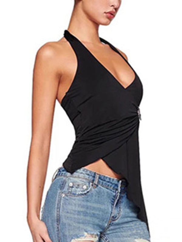 Black Asymmetrical Backless Halter Top with V-Neck