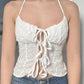 Vintage Halter Tie Front Crop Cami Top with Floral Embroidery