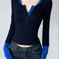 90s Blue Color Block Long Sleeve T-Shirt with Stitching