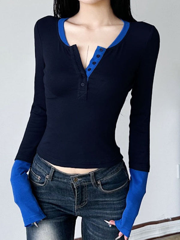 90s Blue Color Block Long Sleeve T-Shirt with Stitching