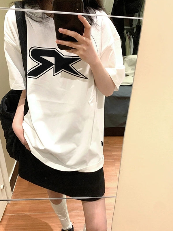 Black Street Oversize T-Shirt with Star Pattern and Short Sleeves