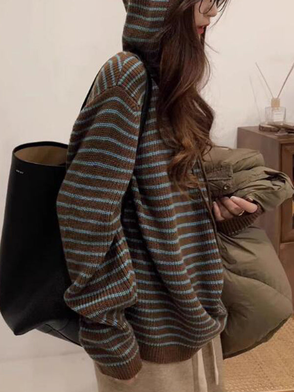 Y2K Coffee Colored Hooded Knit Sweater with Stripes and Lace-Up