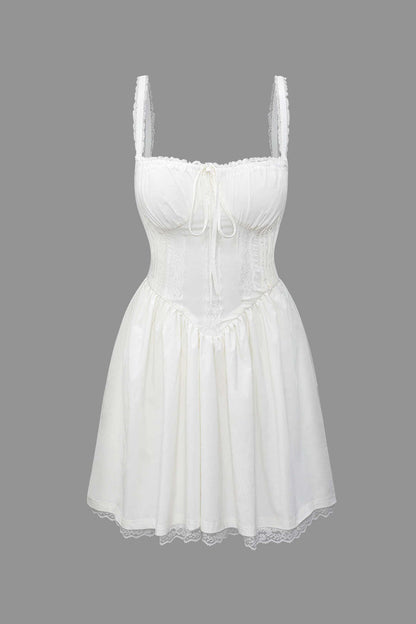 White lace trim mini dress with tie back