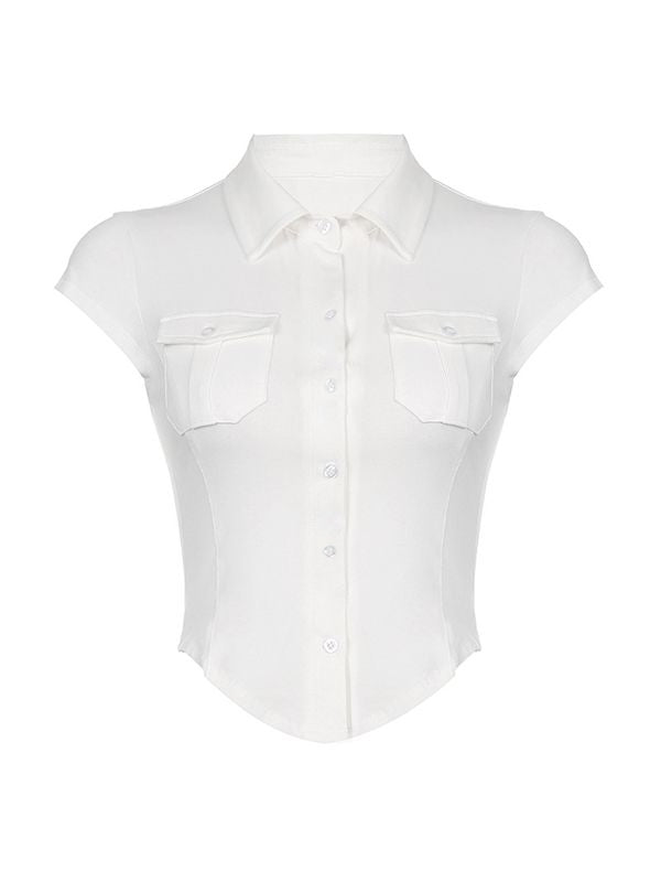 White Y2K blouse with pocket and button placket