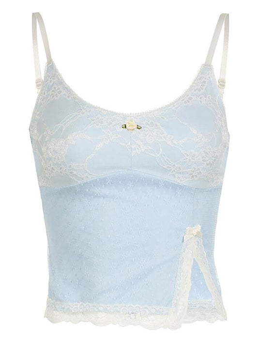 Blue Y2K Lace Splicing Split Cami Top