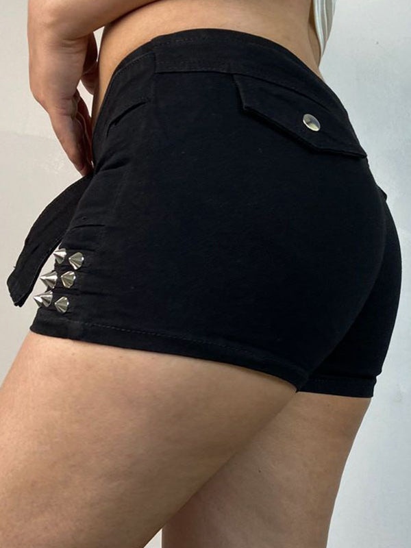 Black punk low rise denim shorts with belt and rivets