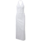 White Vintage V Neck Backless Tie Halter &amp; Split Maxi Skirt Set