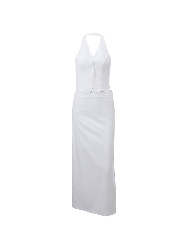 White Vintage V Neck Backless Tie Halter &amp; Split Maxi Skirt Set