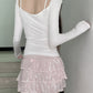 White Lace Stitching Bow Neck Long Sleeve Knit