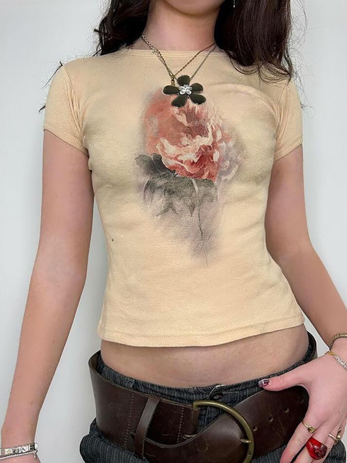 Vintage Rose Print Slim Short Sleeve Crop Top