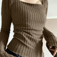 Coffee Vintage Knit Top with Square Neck and Slim Sleeves