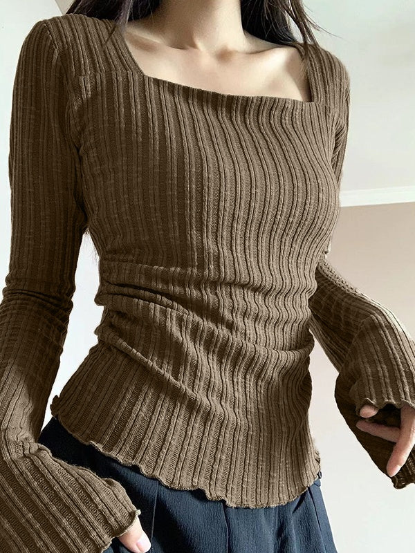 Coffee Vintage Knit Top with Square Neck and Slim Sleeves