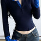 90s Blue Color Block Long Sleeve T-Shirt with Stitching