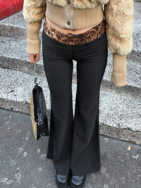 Leopard splice flared trousers with elastic waistband