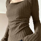 Coffee Vintage Knit Top with Square Neck and Slim Sleeves