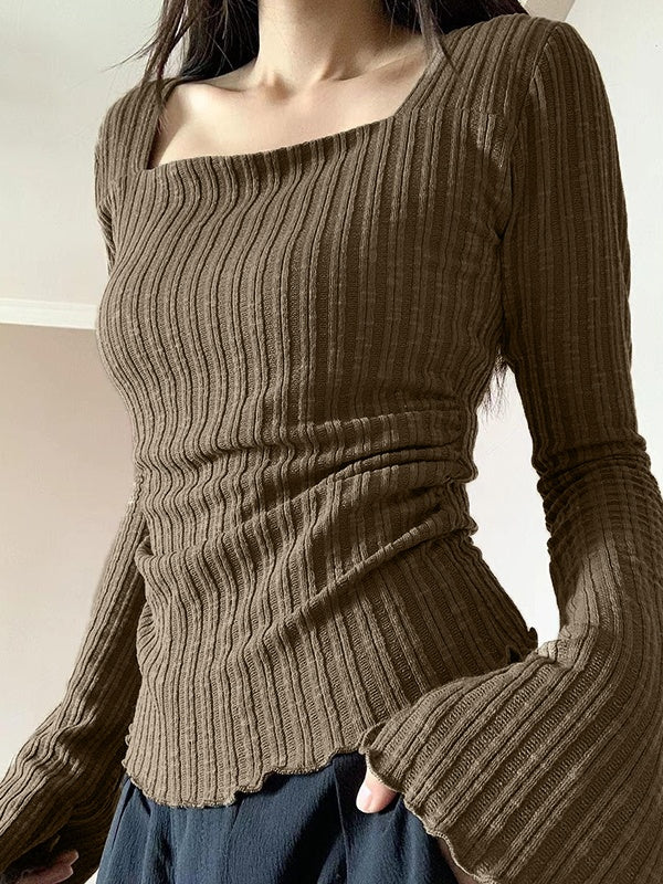 Coffee Vintage Knit Top with Square Neck and Slim Sleeves