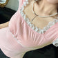 Pink Vintage Lace Trim Bow Square Neck Crop Top