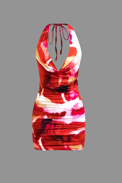 Crimson Vintage Tie Dye Halterneck V-Neck Backless Mini Dress