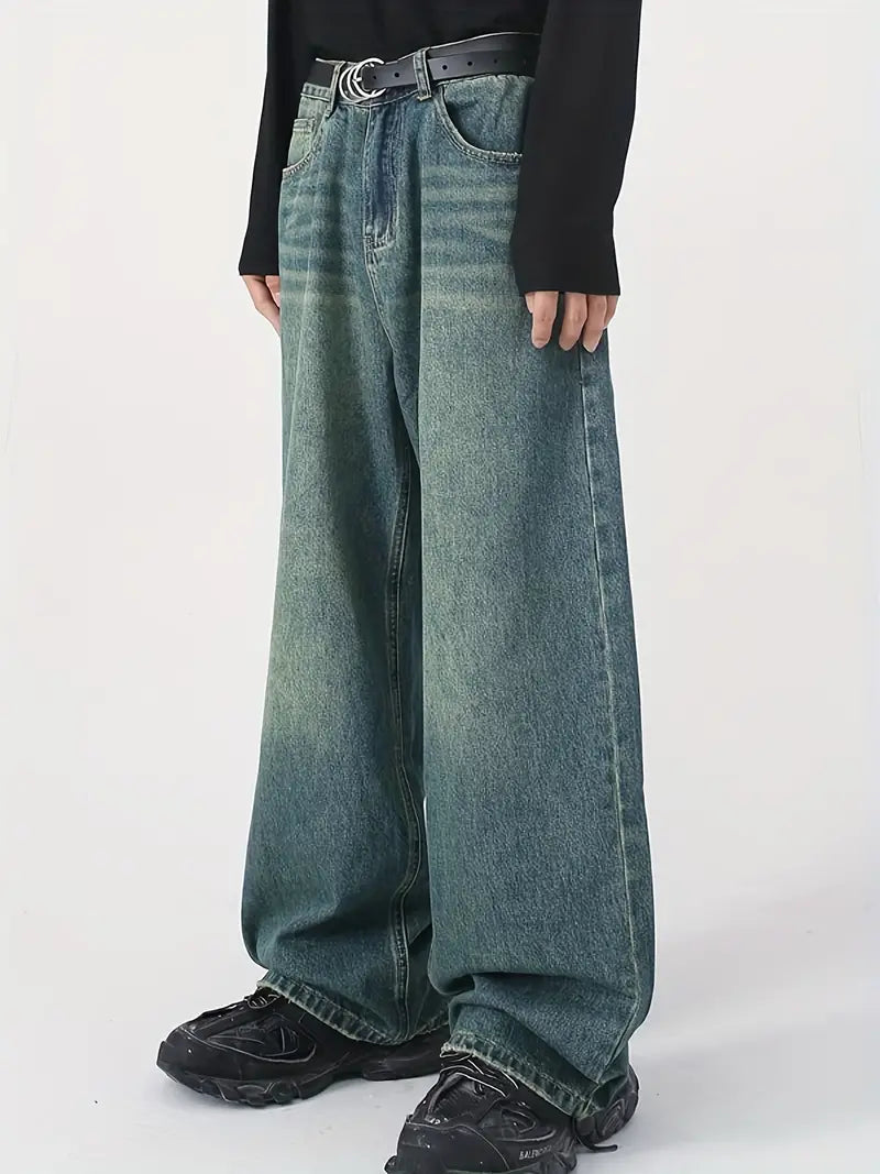 Men's vintage upcycle baggy jeans with faded effect