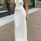 White Vintage V Neck Backless Tie Halter &amp; Split Maxi Skirt Set