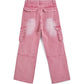 Pink Y2K Multi Pocket Ripped Cargo Jeans with Faded Effect