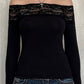 Vintage Black Off Shoulder Long Sleeve Top with Lace Insert