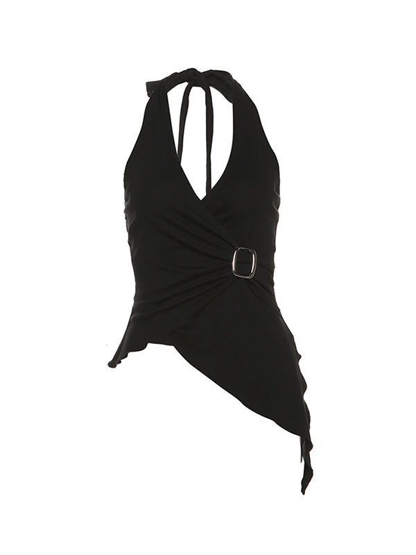 Black Asymmetrical Backless Halter Top with V-Neck