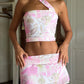 Pink Y2K Printed Bandage Tube Top &amp; Mesh Mini Skirt Set