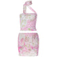 Pink Y2K Printed Bandage Tube Top &amp; Mesh Mini Skirt Set