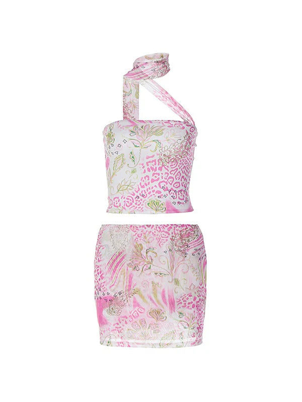 Pink Y2K Printed Bandage Tube Top &amp; Mesh Mini Skirt Set