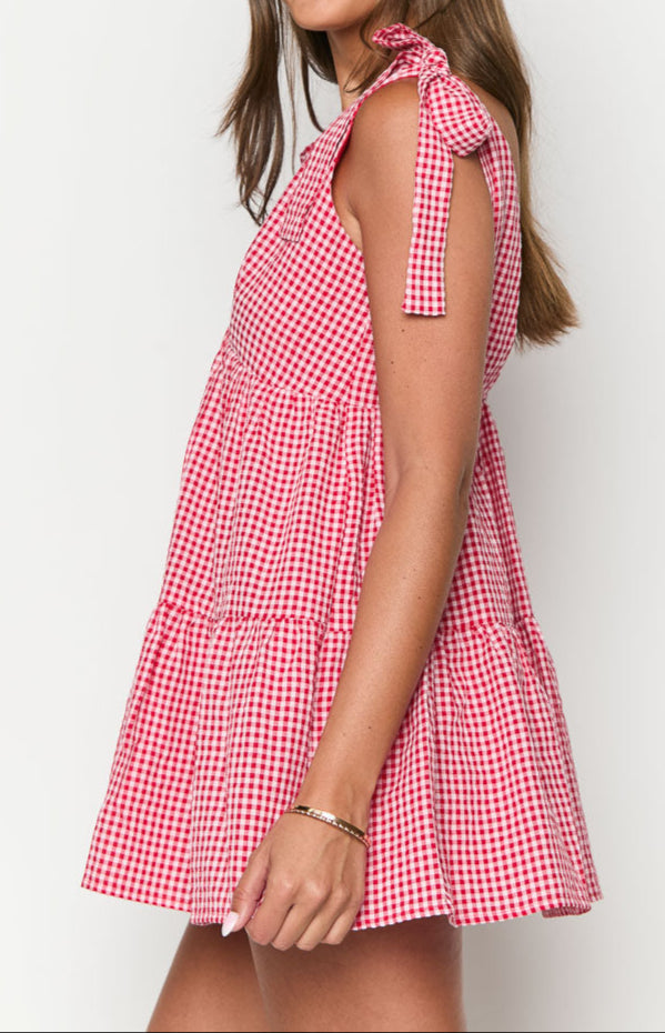 Allegra red mini dress with gingham check pattern 