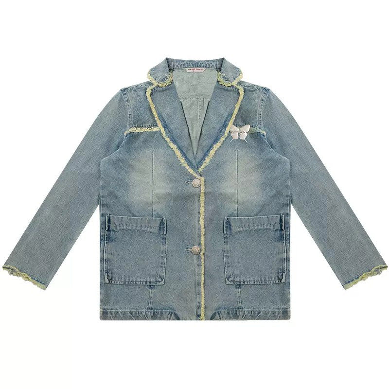 Blue Vintage Oversize Distressed Denim Blazer