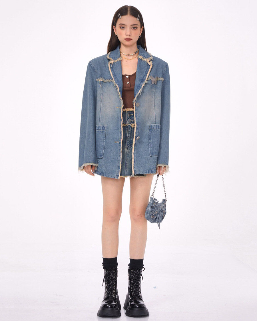 Blue Vintage Oversize Distressed Denim Blazer