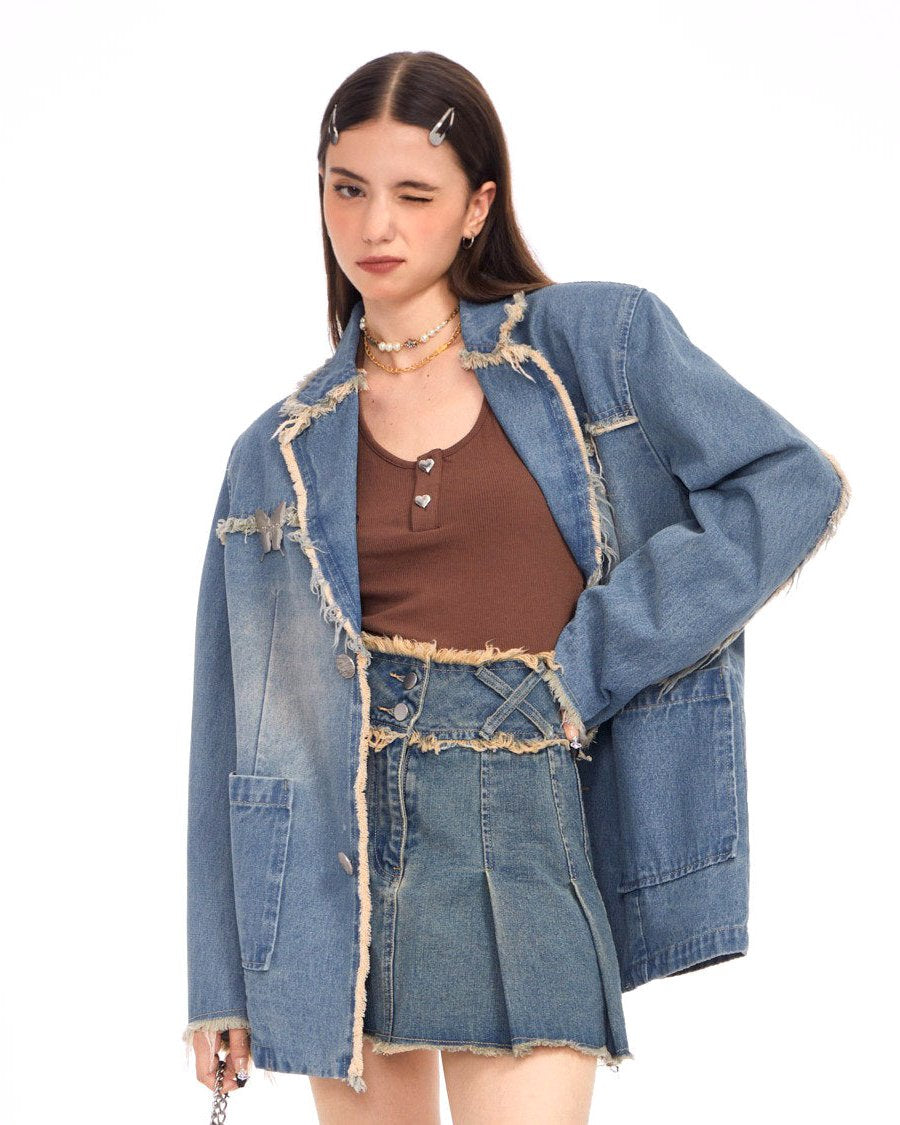 Blue Vintage Oversize Distressed Denim Blazer