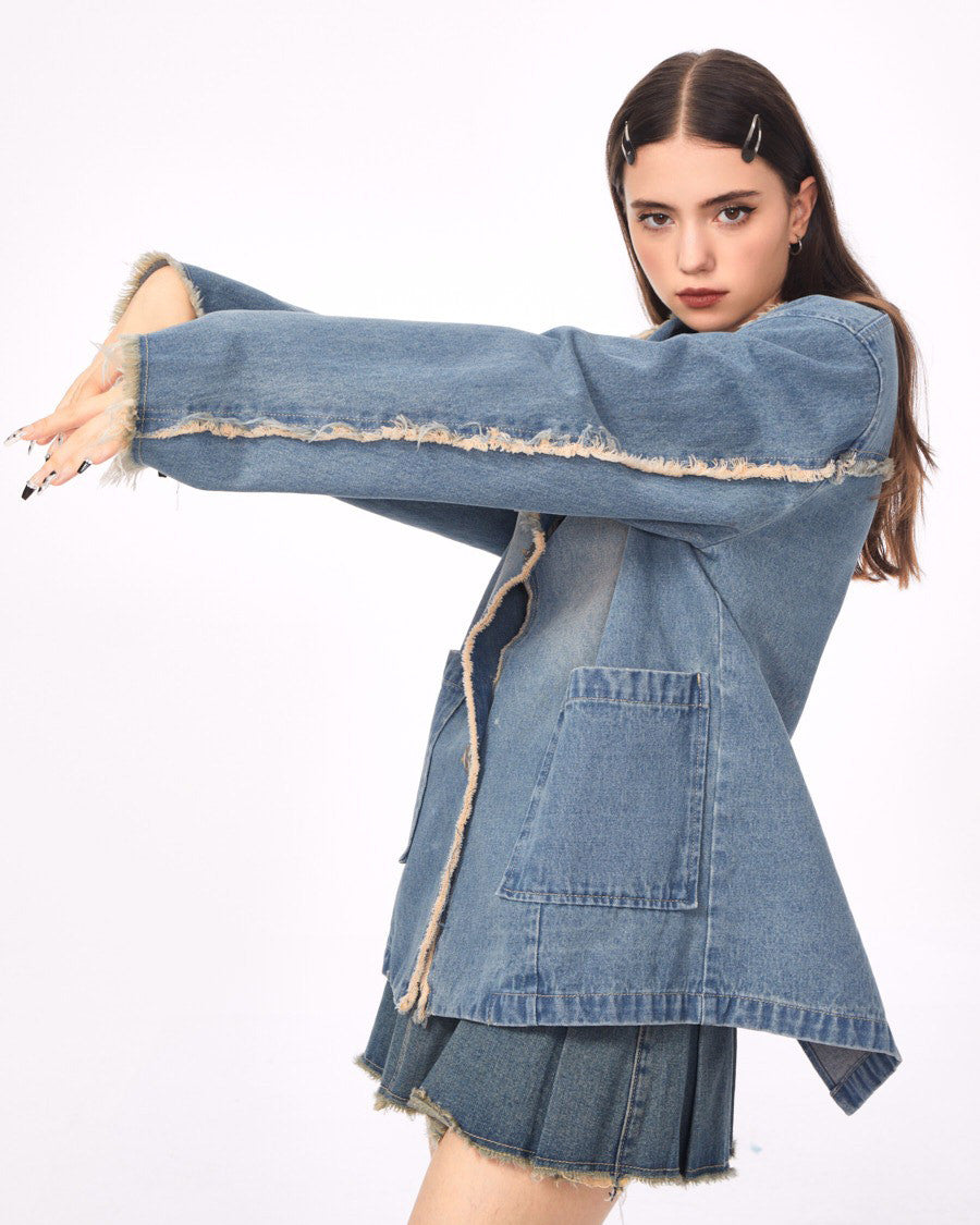Blue Vintage Oversize Distressed Denim Blazer