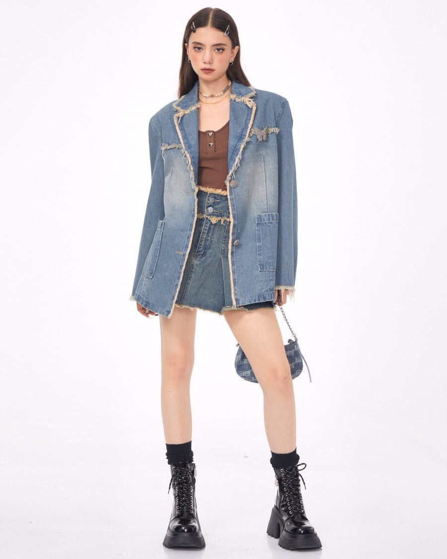 Blue Vintage Oversize Distressed Denim Blazer